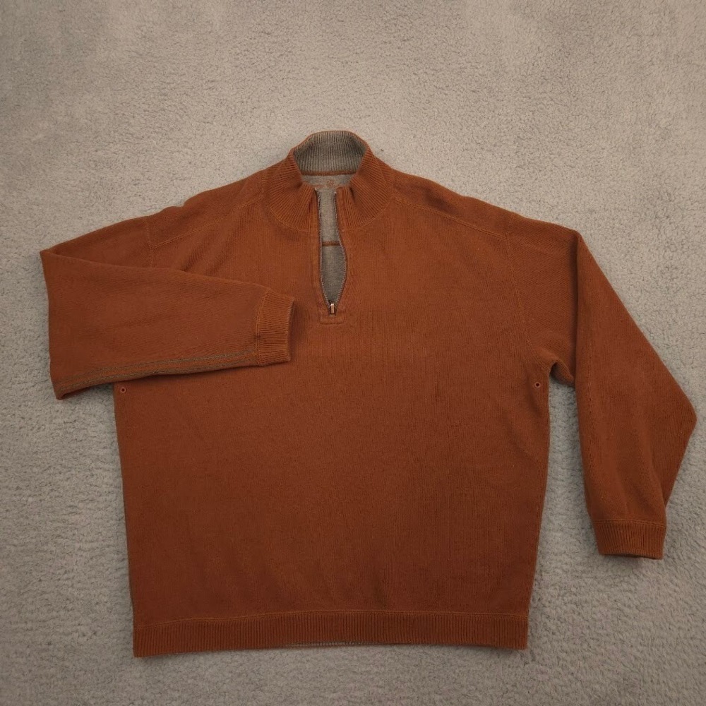 Tommy Bahama Reversible 1/4 Zip Sweater Mens XL Brown Gray Cotton Blend Casual